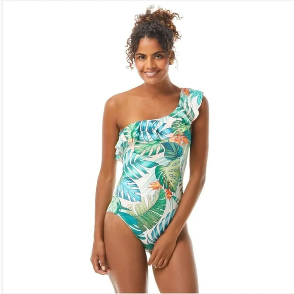 Vince Camuto Ruffle One Shoulder One Piece Swimsuit - Lush Tropic - Picture 1 of 11